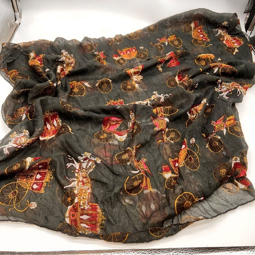 Oversized Cotton Blend Sheer Scarf w/Horse/Carraige Theme Charcoal Gray 70 X 46